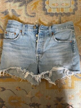 Levi's Light Blue Frayed Hem Distressed Denim Shorts